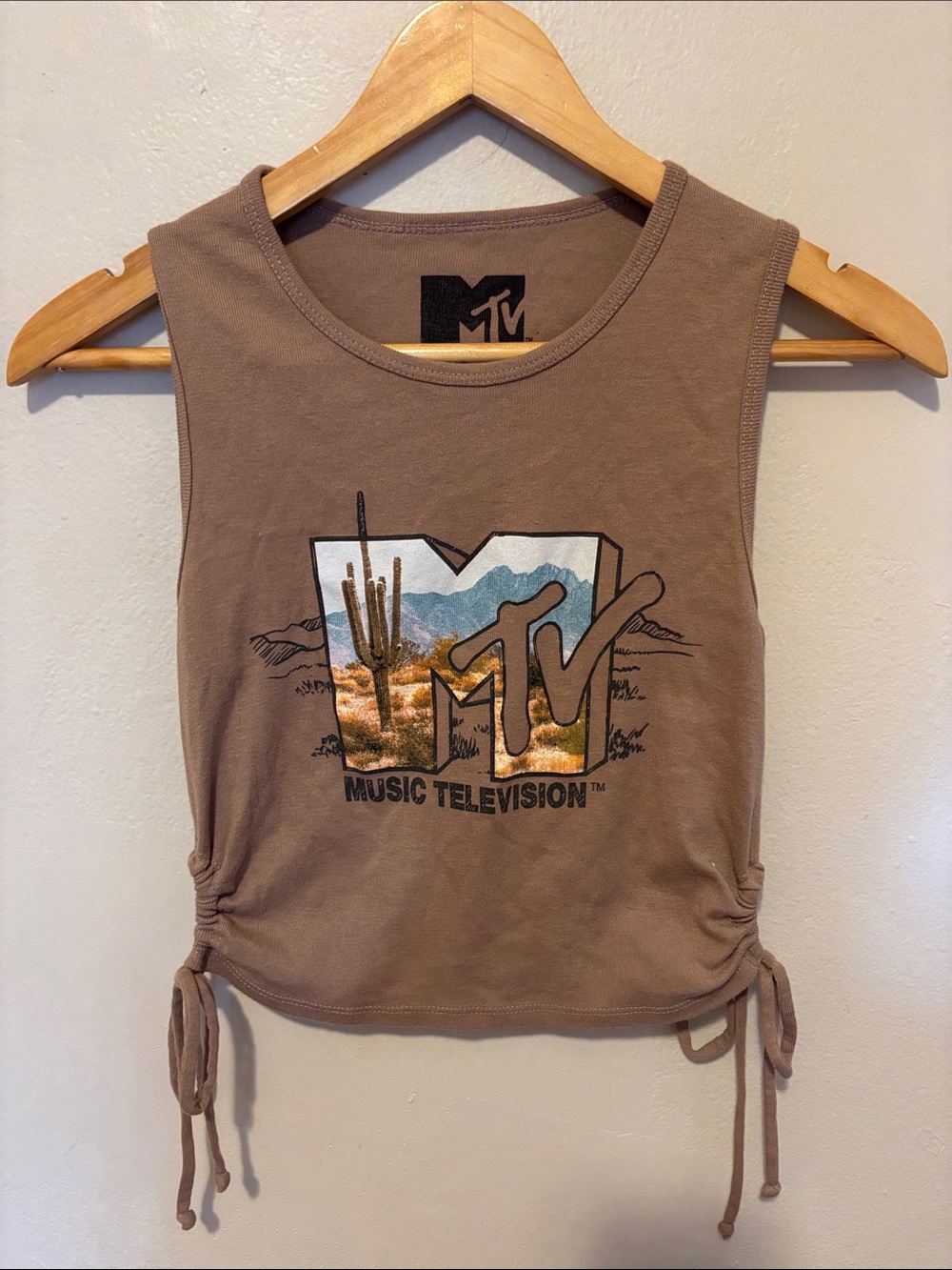 MTV Desert Logo Crop Tank in Taupe Brown with Multicolor Print